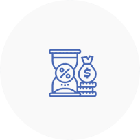 A blue icon of a clock and money bag.