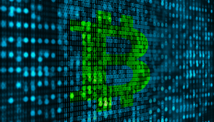 Bitcoin symbol over binary code background.